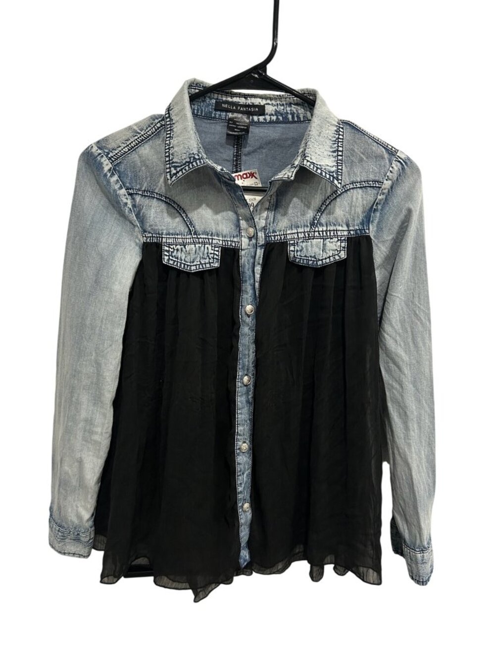 Nella Fantasia Small Black Denim Sheer Button Up Blouse 90s Minimalism NWT